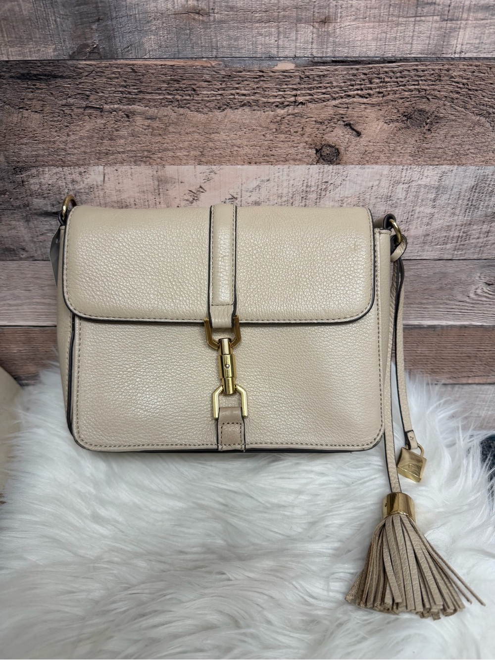 G.I.L.I. Beige Pebble Leather Crossbody with Gold Hardware